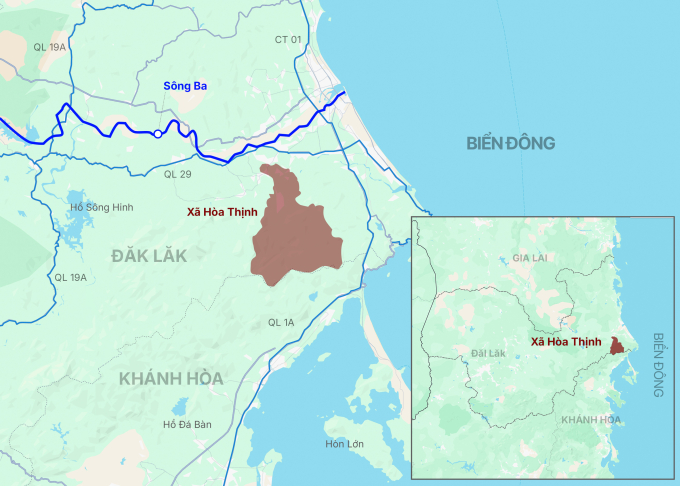 Xã Hòa Thịnh nằm ở hạ lưu lưu vực sông Ba trước khi đổ ra biển. Đồ hoạ: Hoàng Thanh