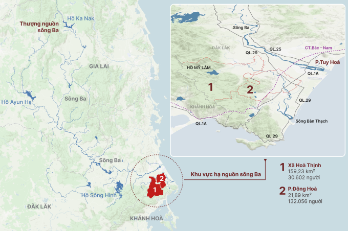 Bản đồ xã Hoà Thịnh và phường Đông Hoà, hai khu vực ngập sâu nhất Đăk Lăk (Phú Yên cũ). Đồ hoạ: Hoàng Khánh