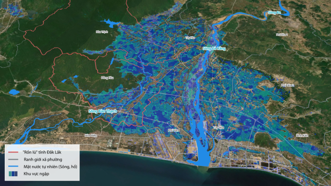 Bản đồ ngập khu vực hạ du Sông Ba - rốn lũ Hoà Thịnh và Đông Hoà. Dữ liệu độ sâu ngập cung cấp bởi VegaCosmos & VSGA xử lý từ ảnh vệ tinh STRIX (Synspective) độ phân giải 3m chiết tách vùng ngập. Đồ hoạ: Quang Tuệ