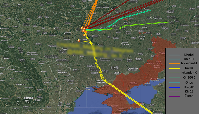 Hướng bay của tên lửa Nga trong trận tập kích ngày 25/11. Đồ họa: X/AMK Mapping