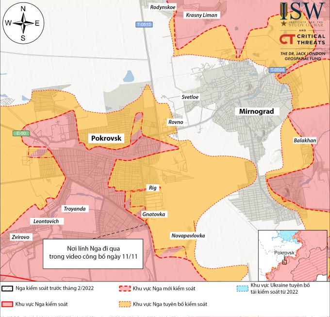 Cục diện chiến sự tại thành trì Pokrovsk, tỉnh Donetsk tính đến ngày 11/11. Đồ họa: ISW