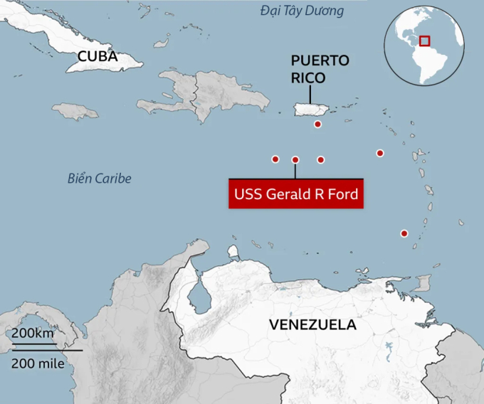 Vị trí đã được xác định của chiến hạm Mỹ (chấm đỏ) tại khu vực biển Caribe trong tháng 11. Đồ họa: BBC