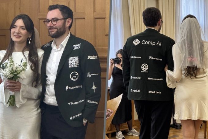 Bộ vest cưới có gắn 26 thương hiệu của Dagobert Renouf mặc trong đám cưới tại Pháp hôm 25/10. Ảnh: Elina Aryukova