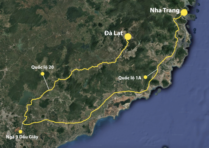 Đường Nha Trang đi Đà Lạt qua tuyến quốc lộ 1 và quốc lộ 20. Đồ họa: Hoàng Thanh