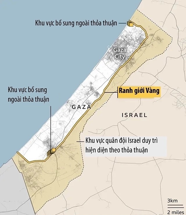 Ranh giới Vàng giữa khu vực quân đội Israel duy trì hiện diện và khu vực Hamas còn kiểm soát theo thỏa thuận ngừng bắn hồi tháng 10. Đồ họa: BBC