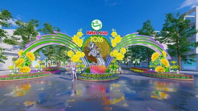 Phối cảnh cổng phụ đường hoa nghệ thuật Cần Thơ Tết Nguyên đán năm 2026. Ảnh: Ban tổ chức