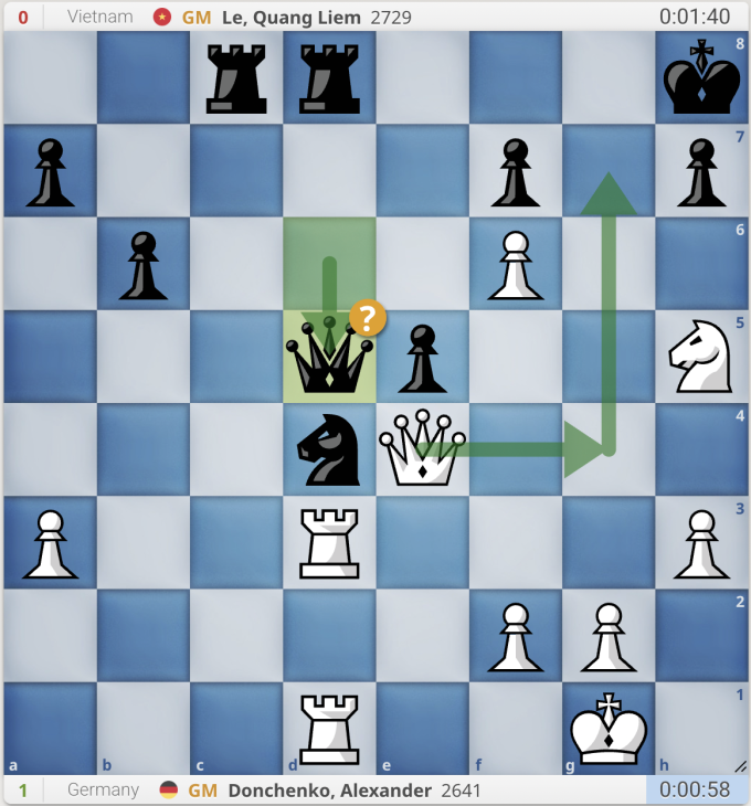 Thế cờ sau nước 30...Qxd5 của Quang Liêm (quân Đen). Donchenko đi ngay hậu g4, dọa chiếu hết ở g7. Quang Liêm có lẽ tưởng rằng xe g8 của ngăn chặn được đòn đánh này, nhưng không...