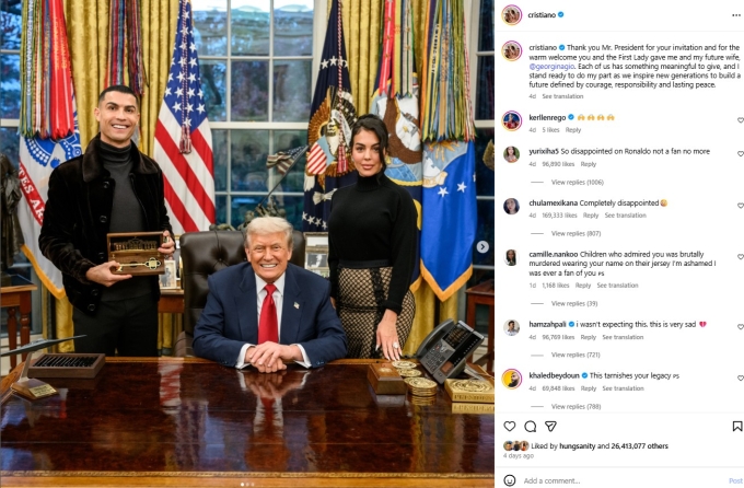 Bài đăng của Ronaldo về chuyến thăm phòng Bầu Dục, Nhà Trắng trên Instagram. Ảnh chụp màn hình