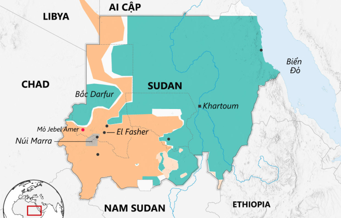 Khu vực RSF kiểm soát (màu vàng) và quân đội Sudan kiểm soát (màu xanh). Đồ họa: Guardian