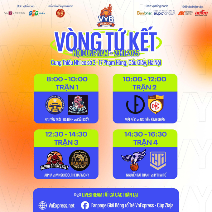 Lịch thi đấu vòng tứ kết nội dung nam diễn ra ngày mai. Ảnh: VYB