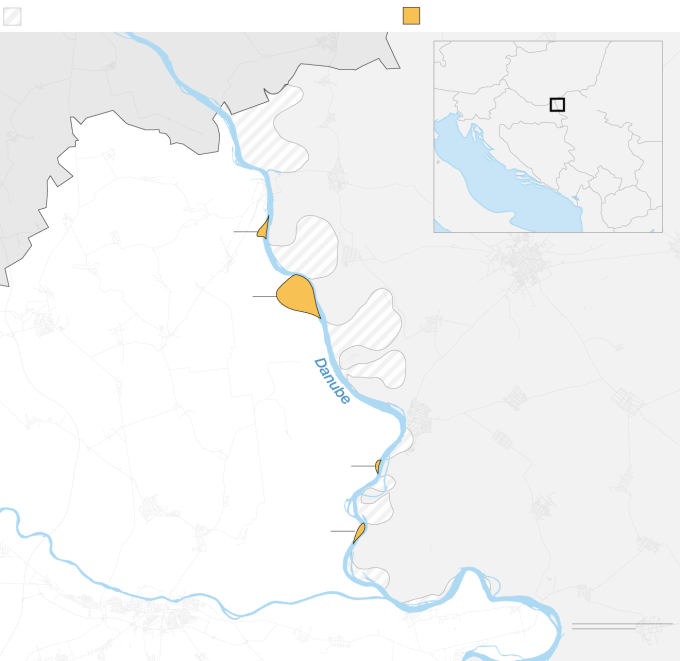 Những khu vực tô màu vàng là các vùng đất chưa được tuyên bố chủ quyền tại sông Danube. Ảnh: CNN