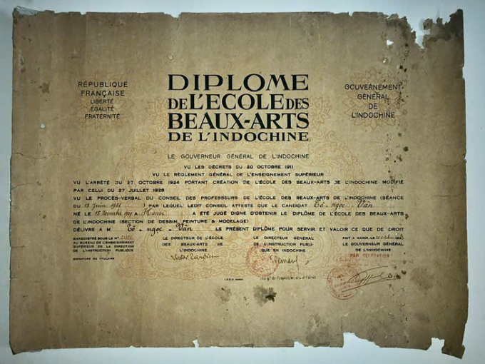 Bằng tốt nghiệp của danh họa Tô Ngọc Vân do gia đình cung cấp cho ông Trần Hậu Yên Thế.