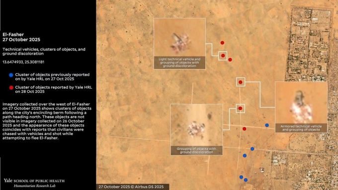Hàng loạt cụm thi thể rải rác tại El Fasher, Sudan, nhìn từ ảnh vệ tinh. Ảnh: HRL