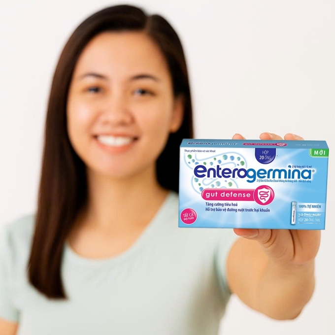 Vỏ hộp sản phẩm men vi sinh hỗ trợ tiêu hóa Enterogermina Gut Defense. Ảnh: Enterogermina