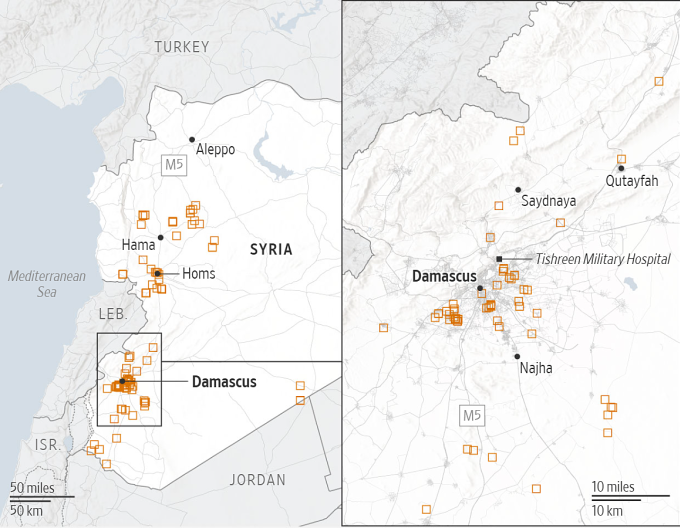 Vị trí phát hiện những ngôi mộ tập thể ở Syria. Đồ họa: Trung tâm Quốc tế về Công lý Chuyển tiếp/WSJ