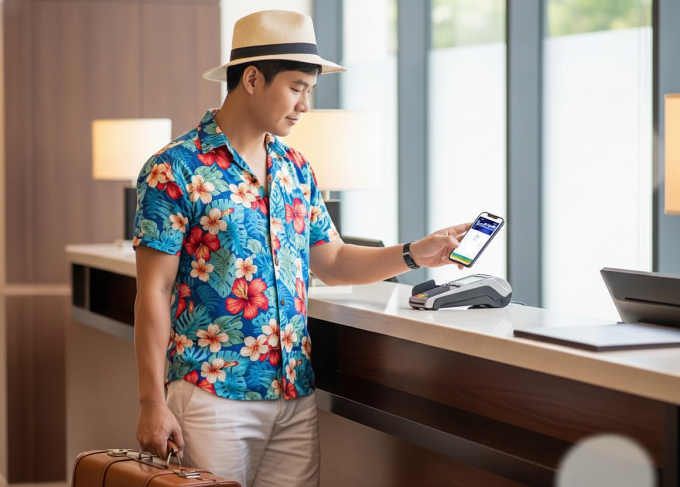 Khách hàng chạm điện thoại để thanh toán khi du lịch. Ảnh: MBBank