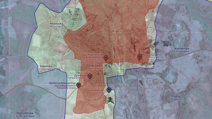 Vùng kiểm soát ước tính của Nga (đỏ) ở thành phố Kupyansk. Đồ họa: AMK Mapping